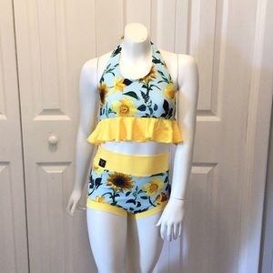 Kandi Kouture 2pc Sunflower Print Bra Top & Brief Dancewear Set Size TXS
